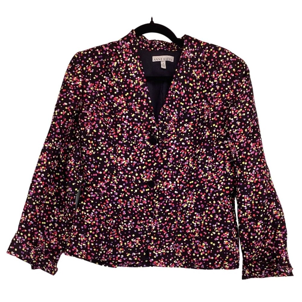 Anne Klein‎ Womens Blazer Size 8 Silk & Raime BLack & MultiPrint Print Polka Dot